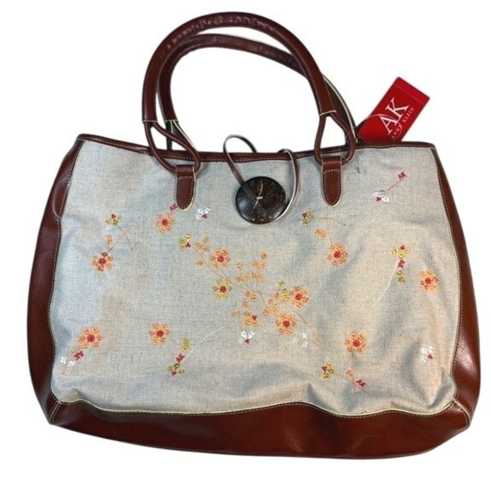 NWT‎ Anne Klein Linen Embroidered Natural Brown Women's Floral Tote Bag